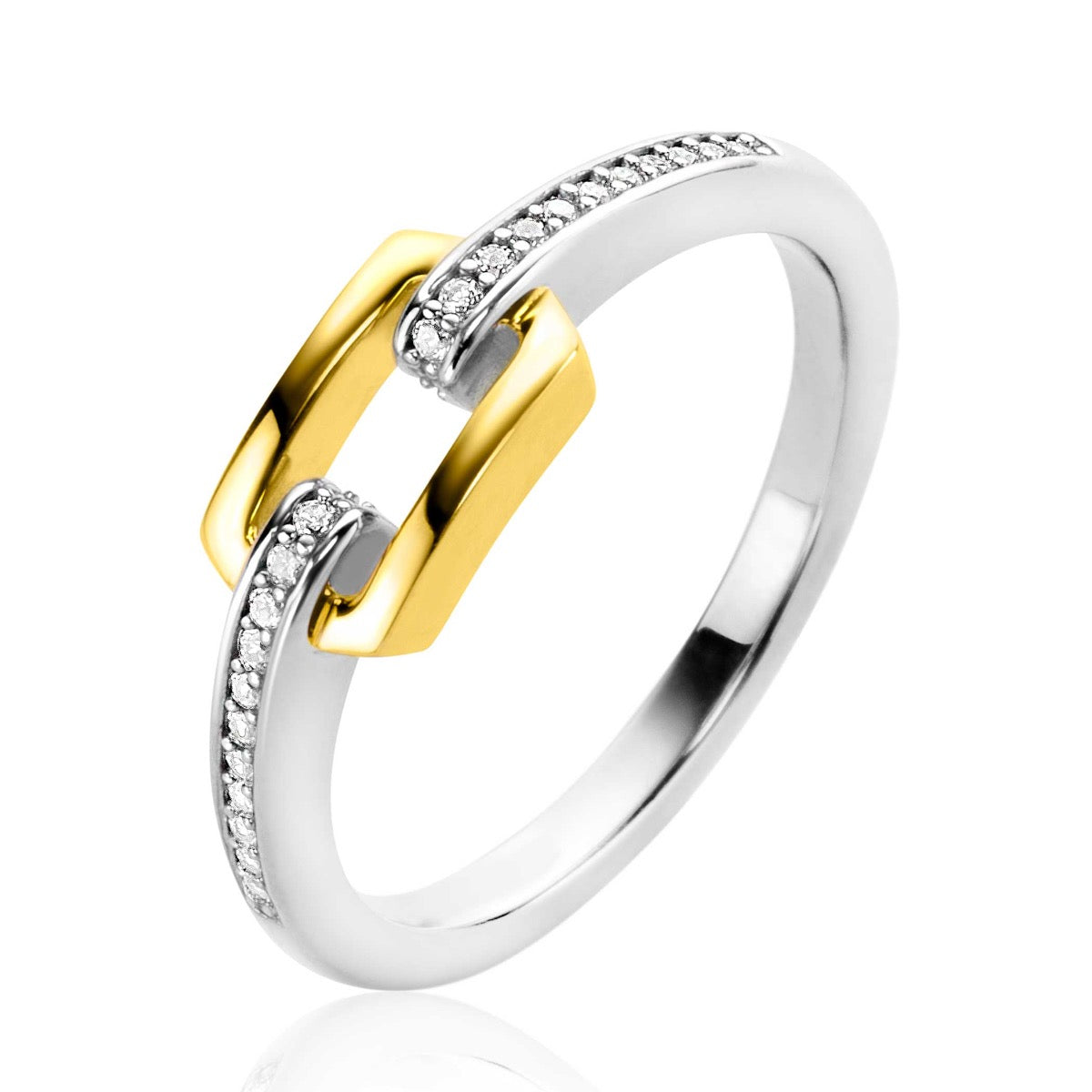 Bague en argent avec détails dorés et pierres scintillantes.