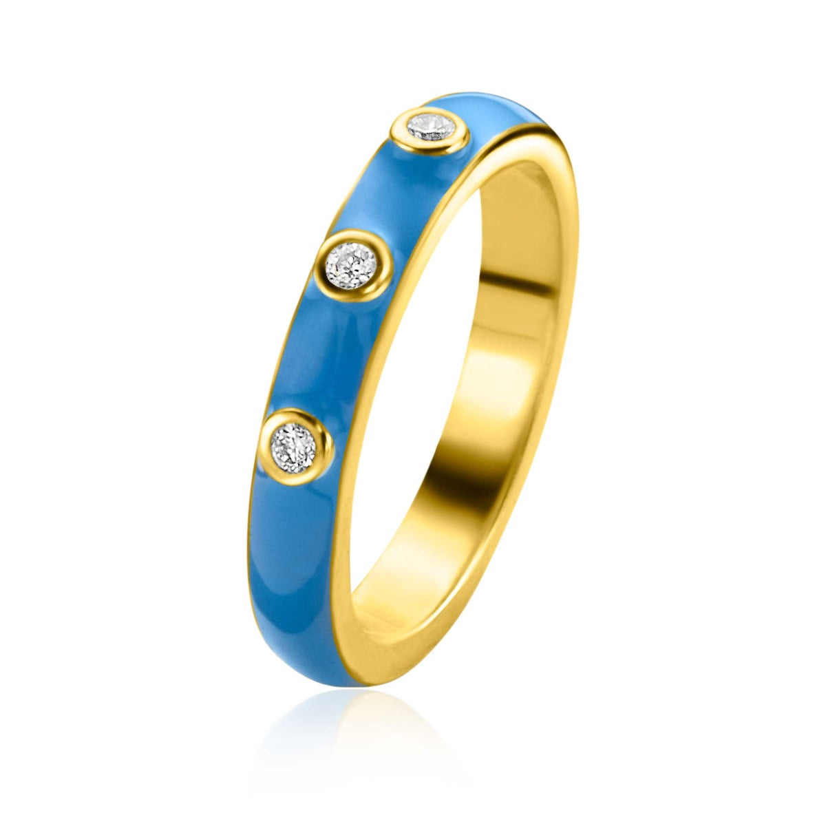 Bague dorée avec émail bleu et trois pierres brillantes.