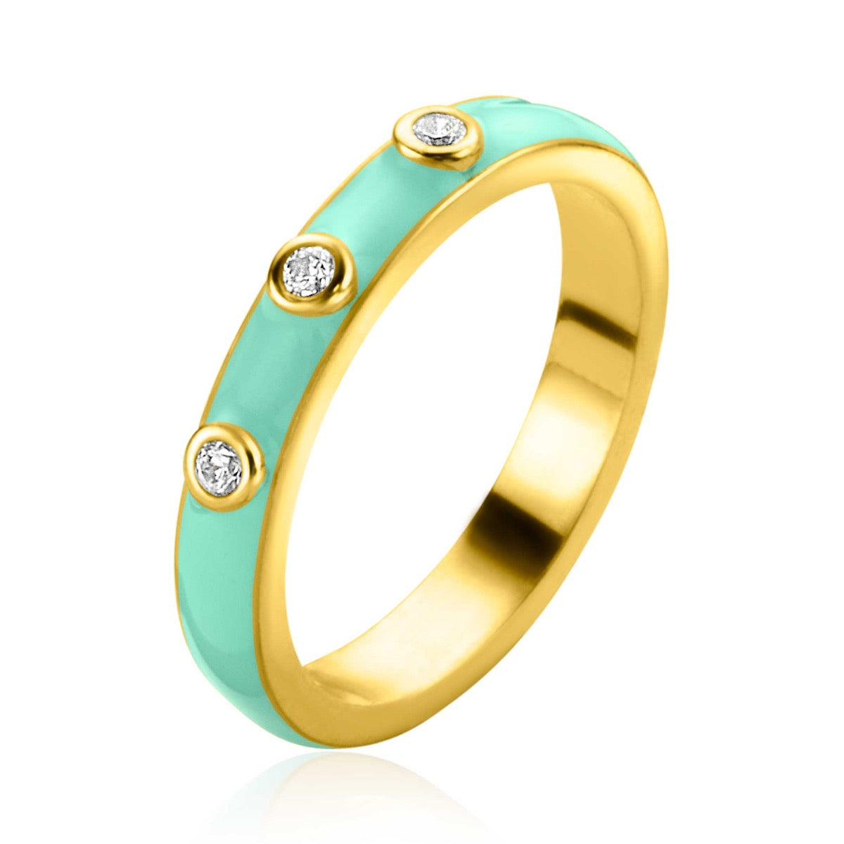 Bague dorée avec trois pierres brillantes et une finition turquoise.
