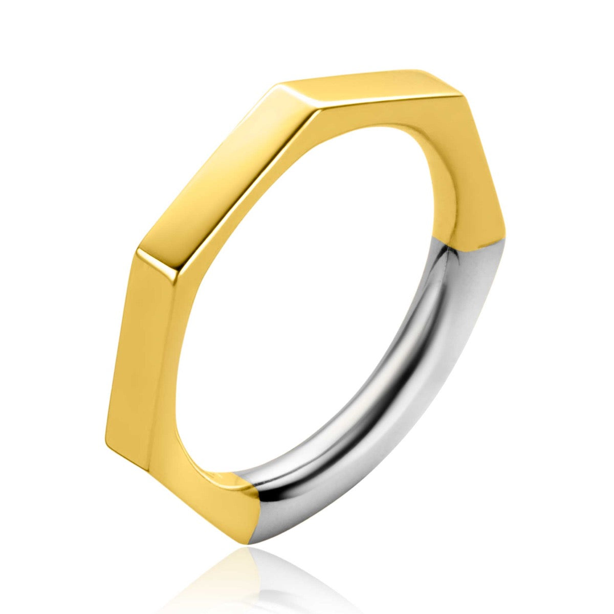 Bague dorée à la finition lisse avec un design hexagonal et une partie argentée.