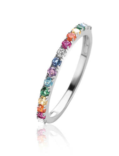 Bague en argent ornée de pierres multicolores et de zircons.