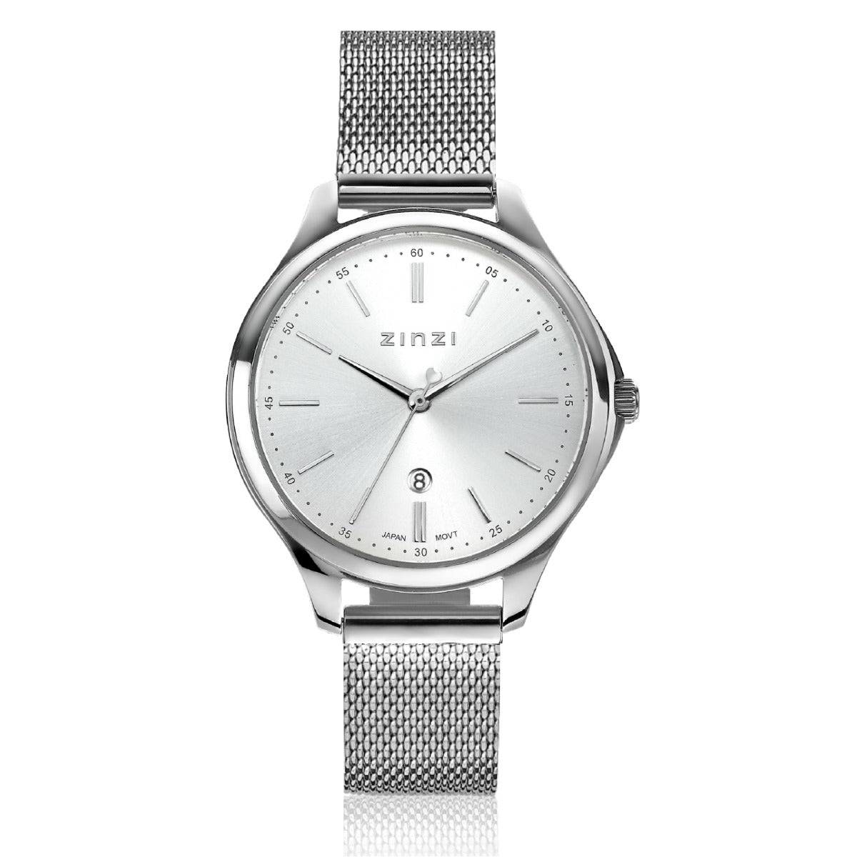 Montre en acier argenté avec un cadran argenté et un bracelet en maille.