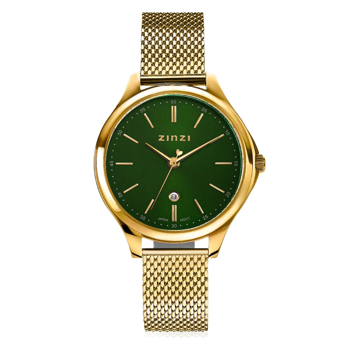 Montre dorée avec cadran vert, boîtier en acier inoxydable et bracelet en maille.