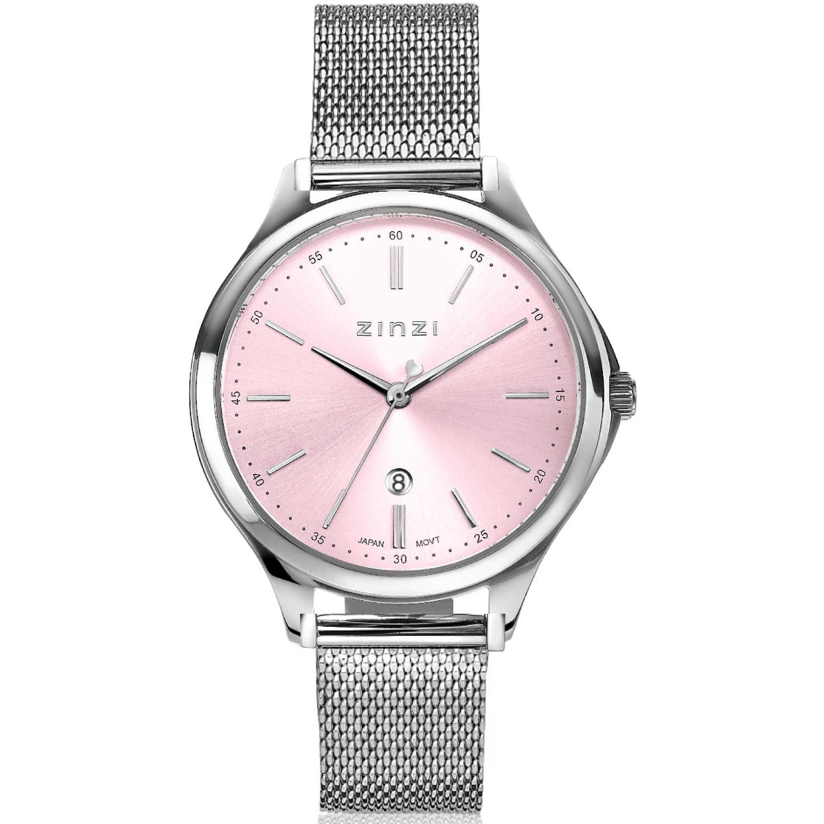 Montre en acier argenté avec un cadran rose et un bracelet en maille.