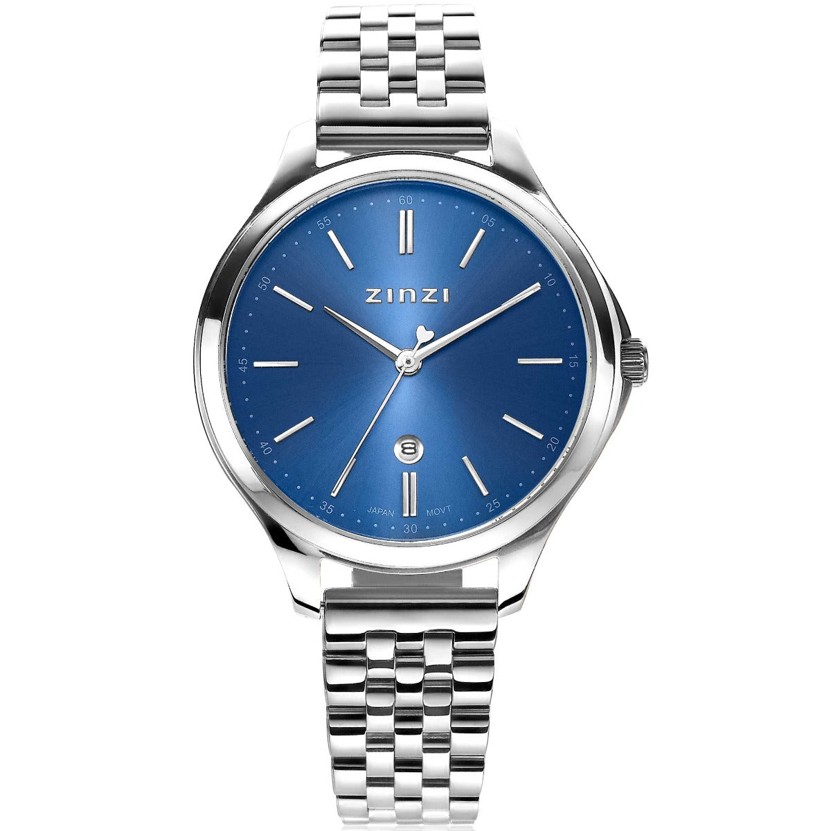 Montre en acier argenté avec un cadran bleu et un bracelet à maillons.