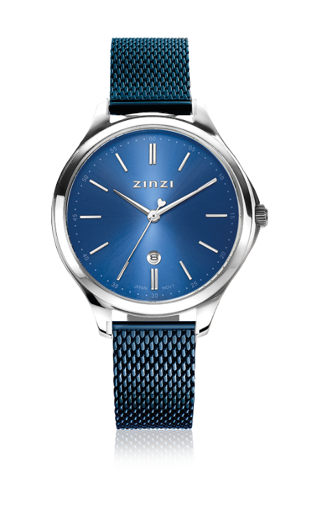 Montre en acier argenté avec un cadran bleu et un bracelet en maille.