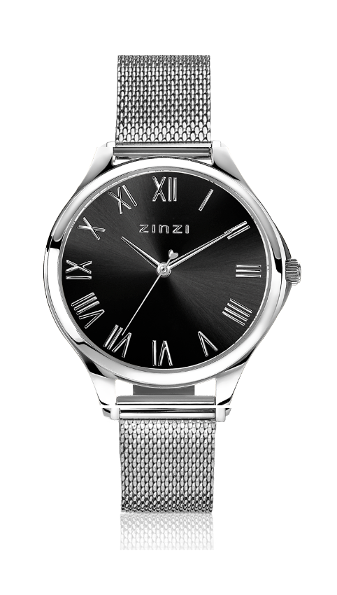 Montre en acier argenté avec cadran noir et chiffres romains, bracelet en maille.