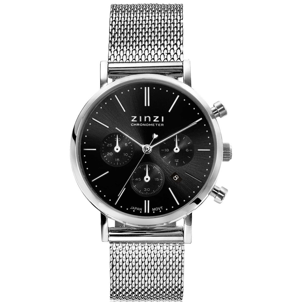 Montre en acier argenté avec cadran noir et trois sous-cadrans.