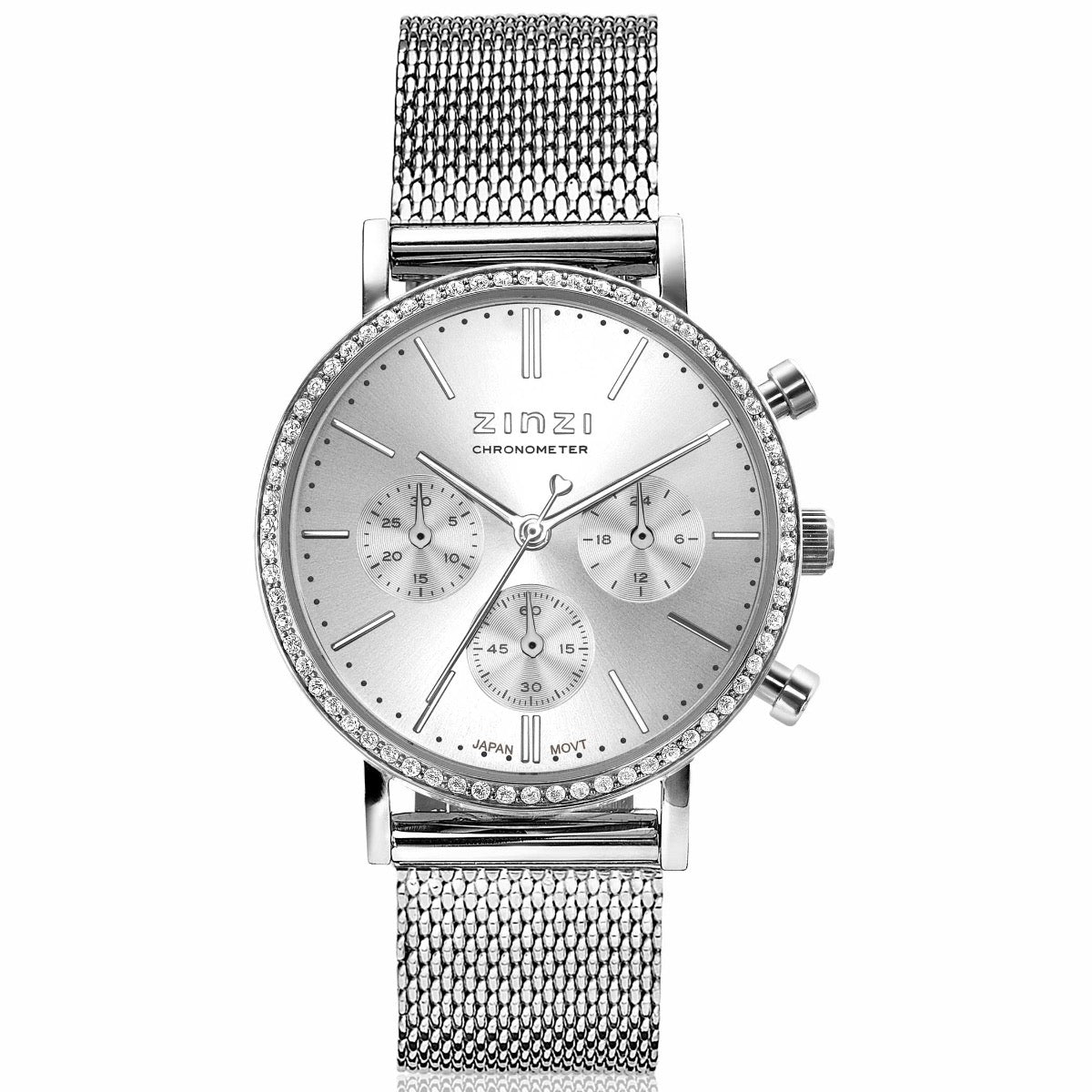 Montre en acier argenté avec un cadran argenté, trois sous-cadrans et des cristaux autour du boîtier.