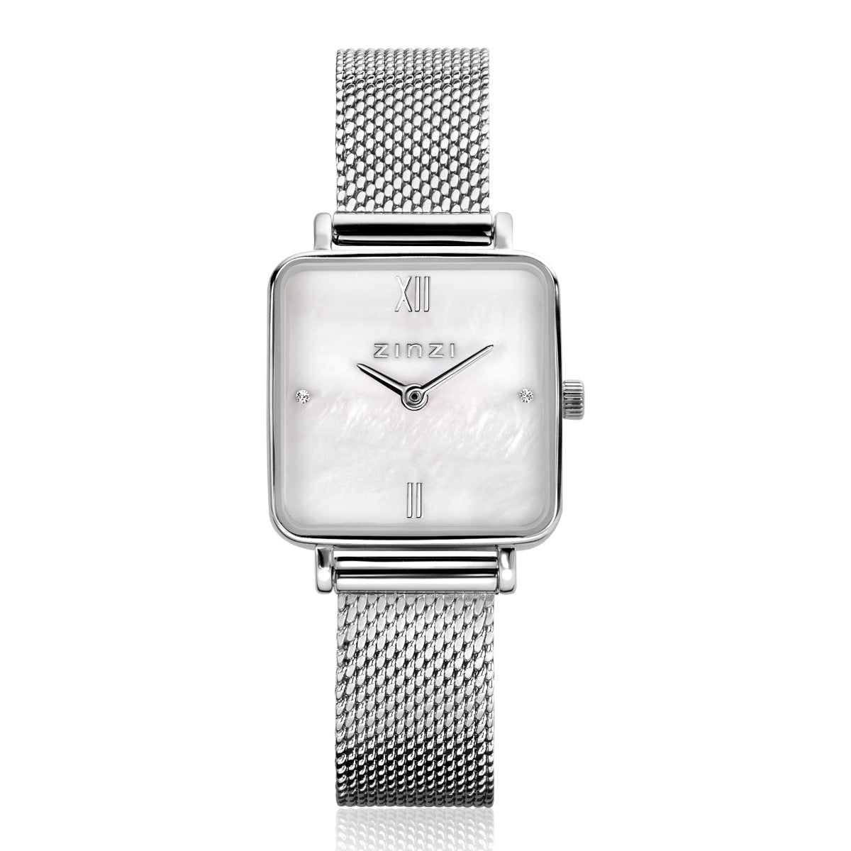 Montre en acier inoxydable argenté avec un cadran carré et un bracelet en maille.