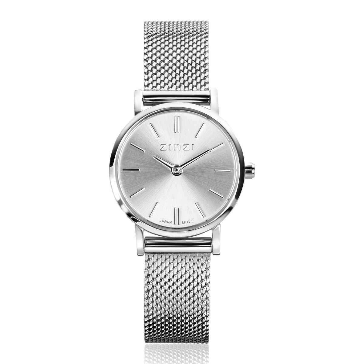 Montre en acier argenté avec un cadran argenté et un bracelet en maille.