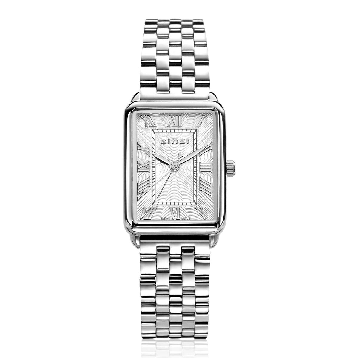 Montre en acier argenté avec un cadran rectangulaire et un bracelet à maillons.