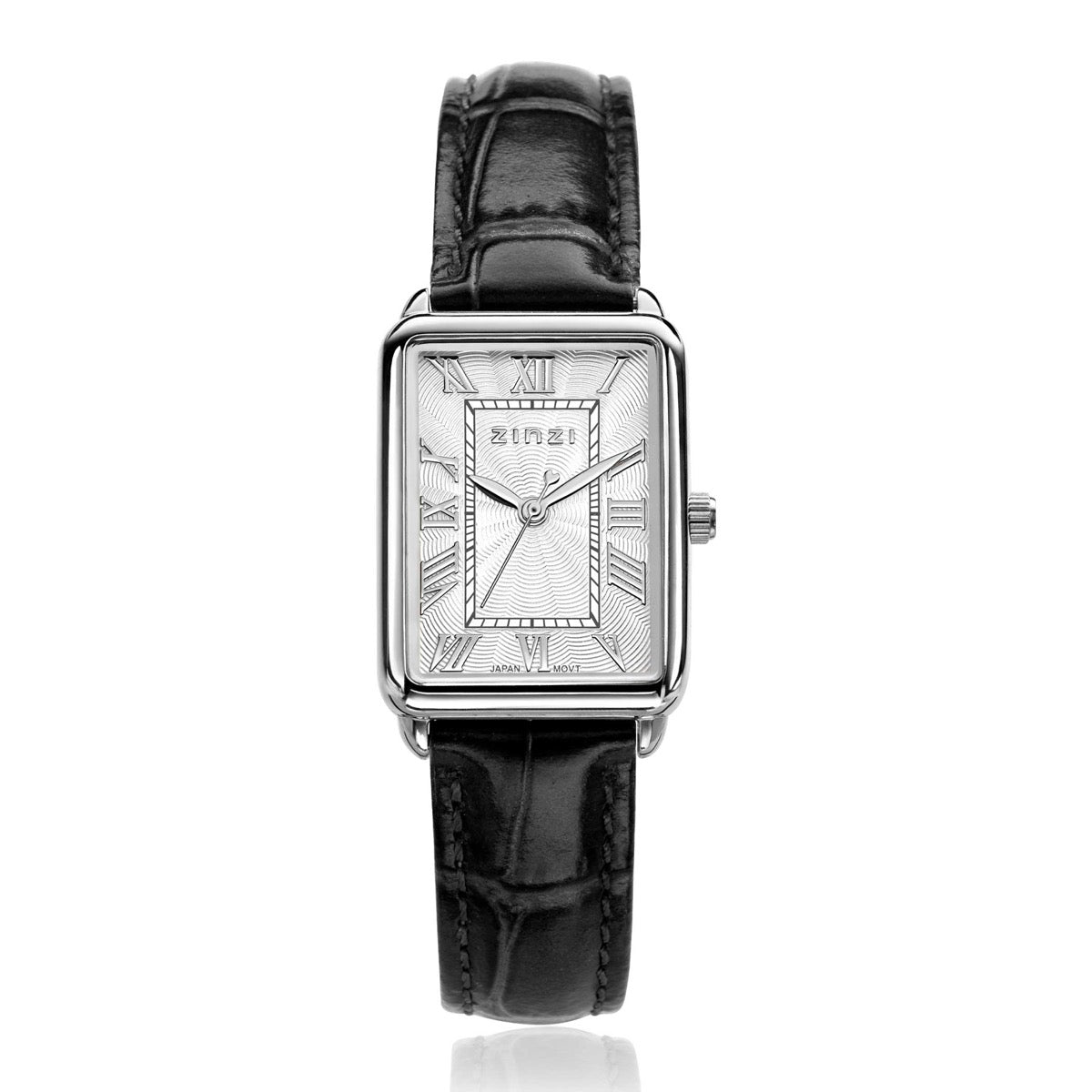 Montre en acier argenté avec cadran rectangulaire et bracelet en cuir noir.