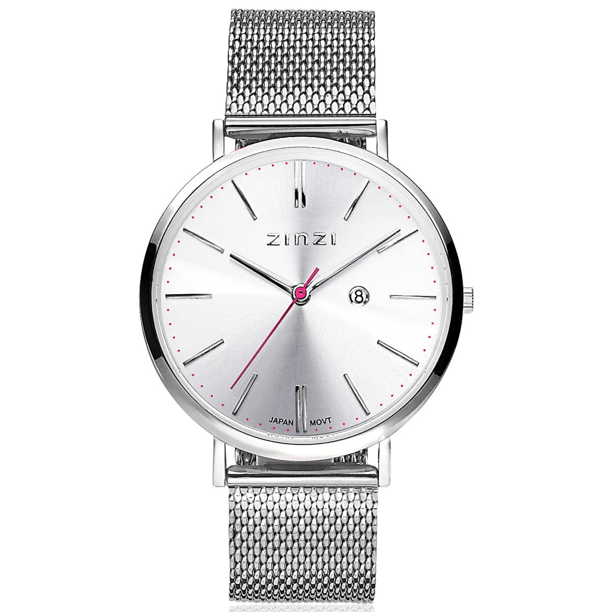 Montre en acier argenté avec un cadran argenté, aiguilles fines et bracelet en maille.