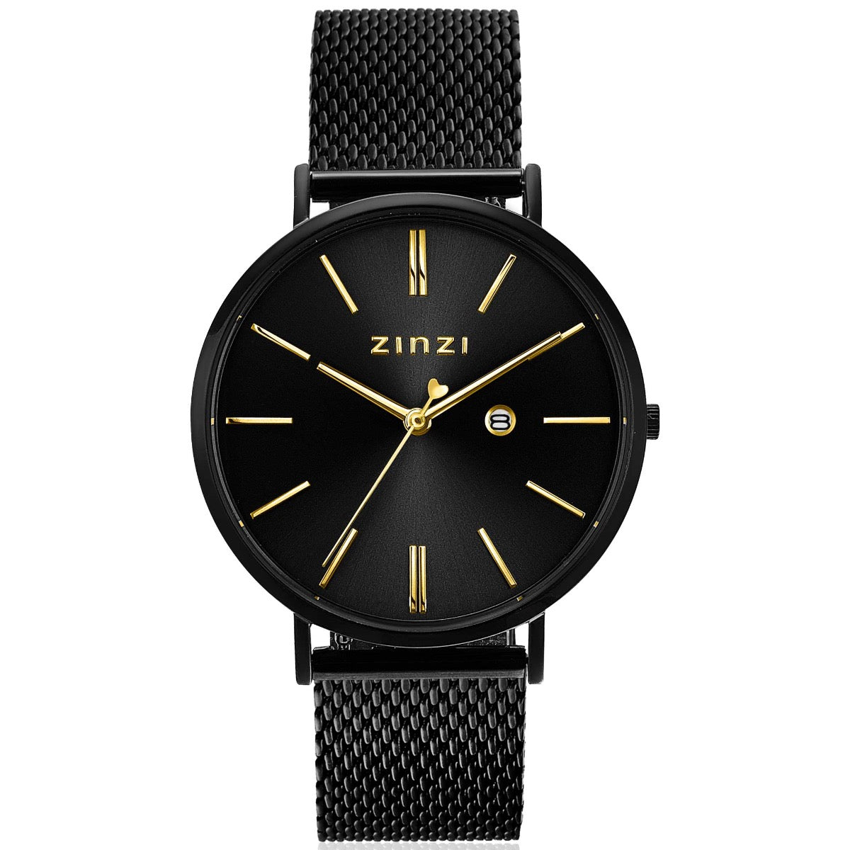 Montre noire en acier avec un cadran noir et des aiguilles dorées.