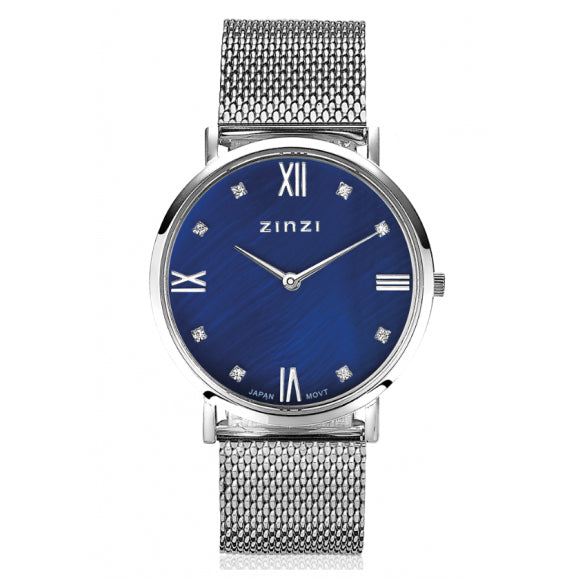 Montre en acier argenté avec un cadran bleu et des index en strass.