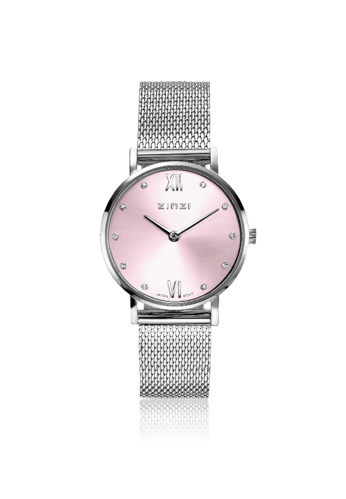 Montre en acier argenté avec un cadran rose et des cristaux, bracelet en maille.
