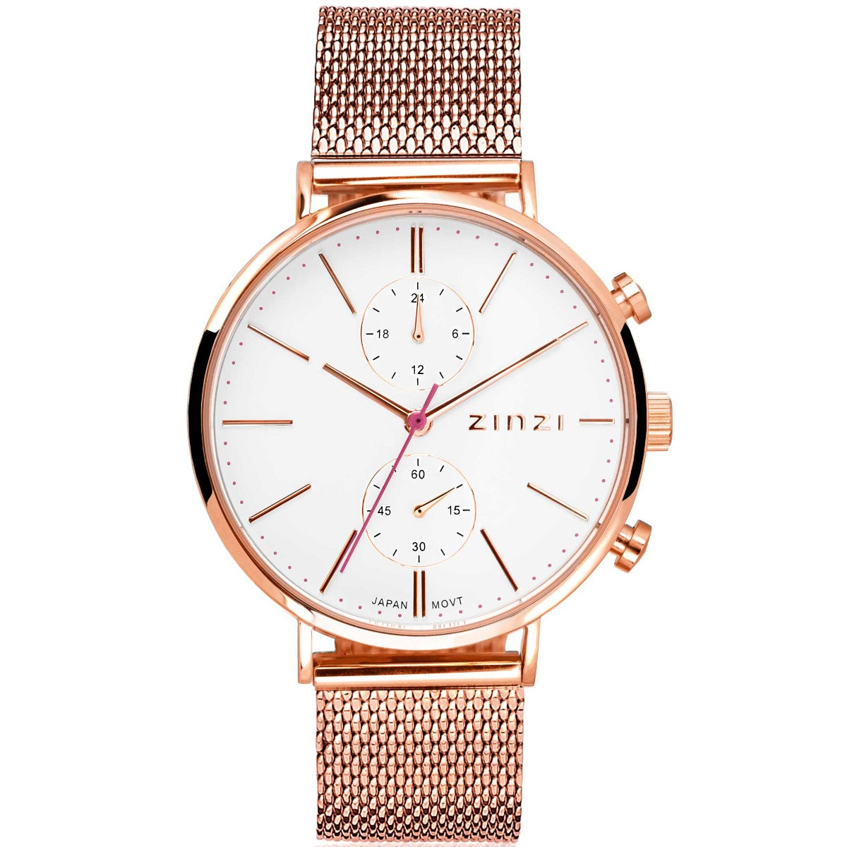 Montre en acier inoxydable doré rose avec cadran blanc, bracelet en maille et chronographe.
