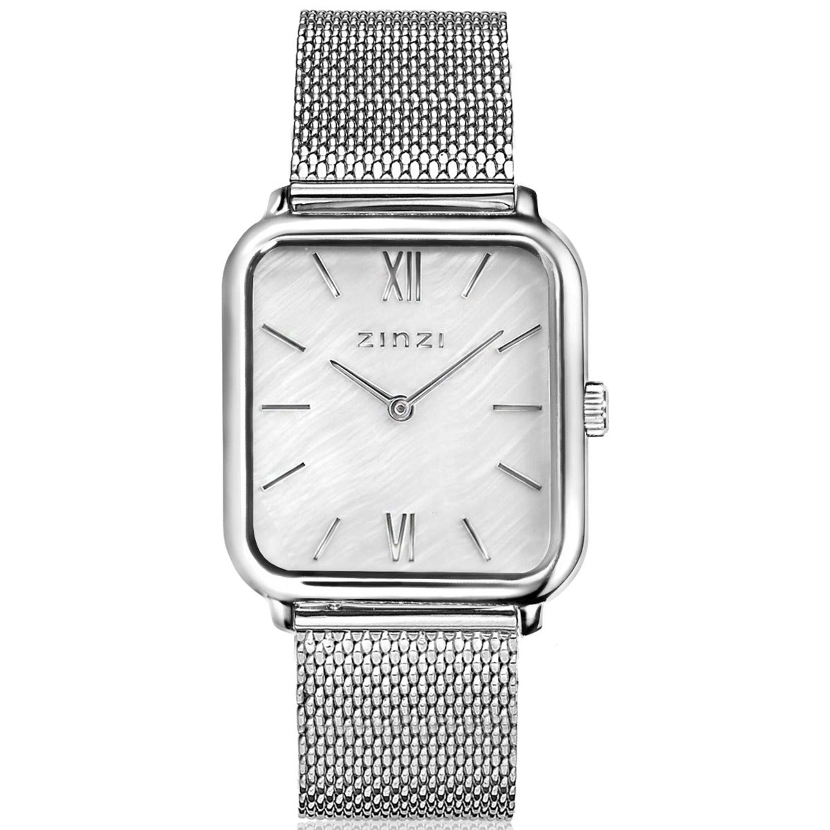 Montre en acier argenté avec un cadran rectangulaire, chiffres romains et bracelet en maille.